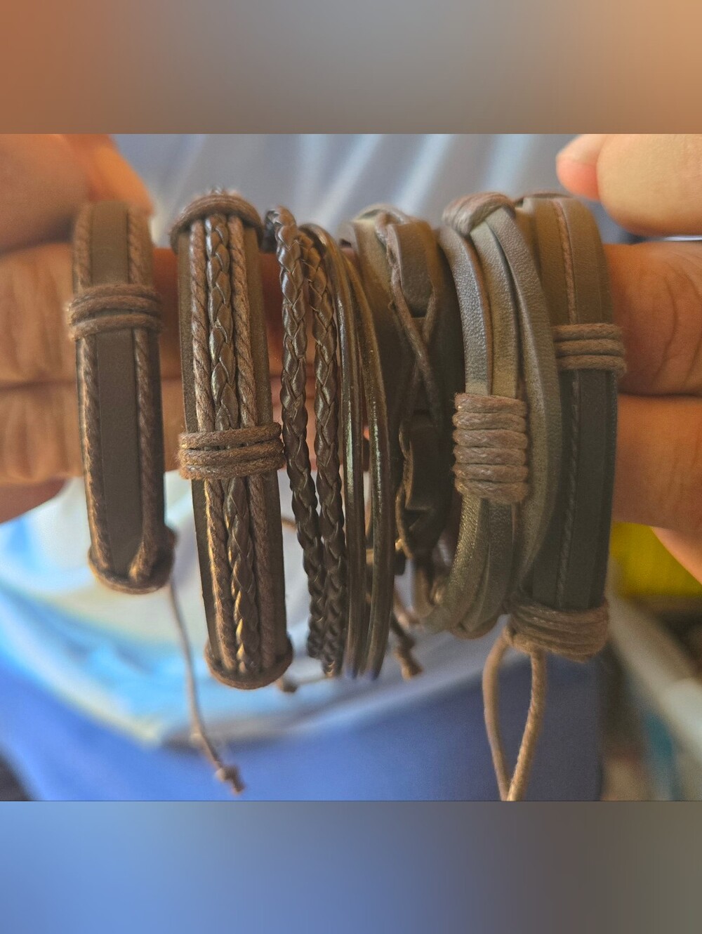 6 Unisex Multi-Strand Brown Faux Leather Bracelets
